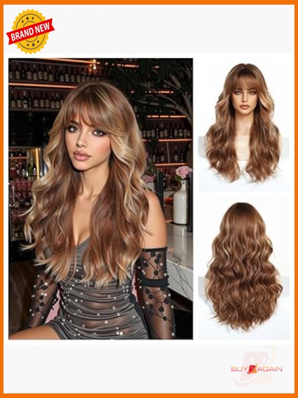 Long Curly Human Hair Wig with Bangs Layered Natural Look Lightweight 26 Inch